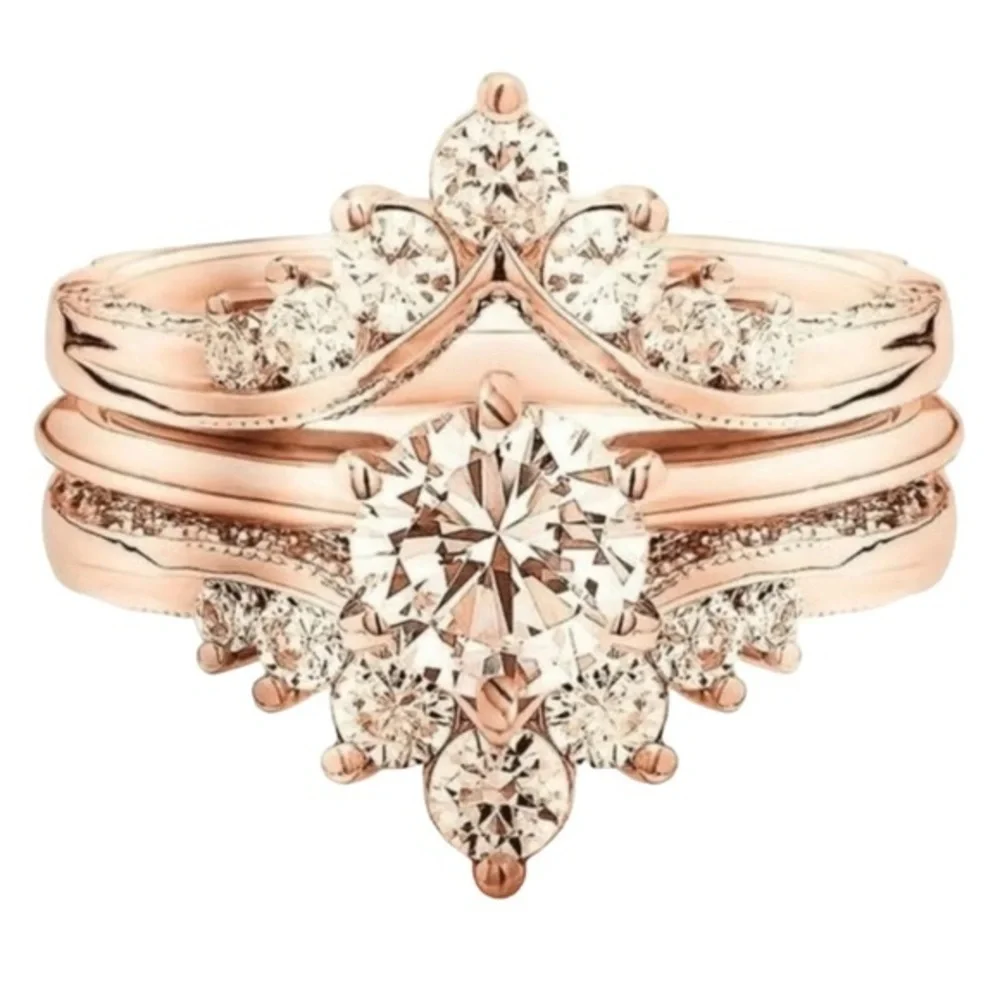 New! 3 Three Piece Stackable Crown Shaped Rose Gold Ring Set Sz 9 Faux Diamonds